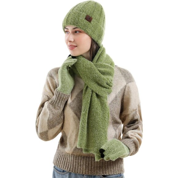 Women's Green Warm Knit Beanie Hat Touchscreen Gloves Long Neck Scarf Set - Picture 7 of 7